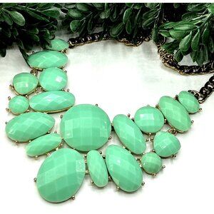 Mint Green Statement Necklace With Faceted Oval Stones and Gold-Tone Chain